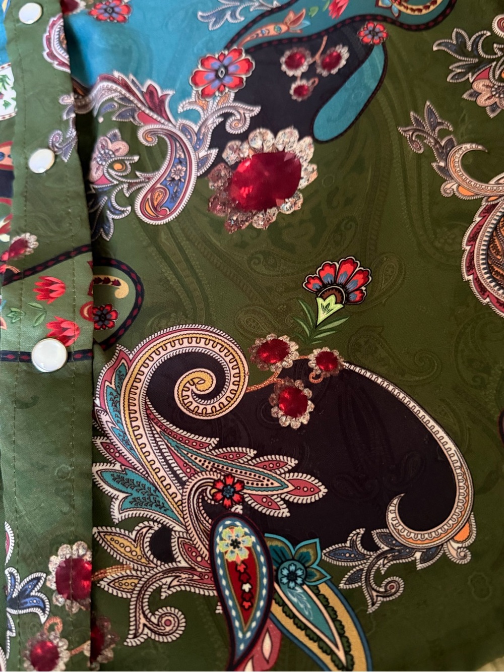 The American West Gemstone Paisley Snap Shirt M Olive Turquoise Western Cowgirl - Picture 5 of 11